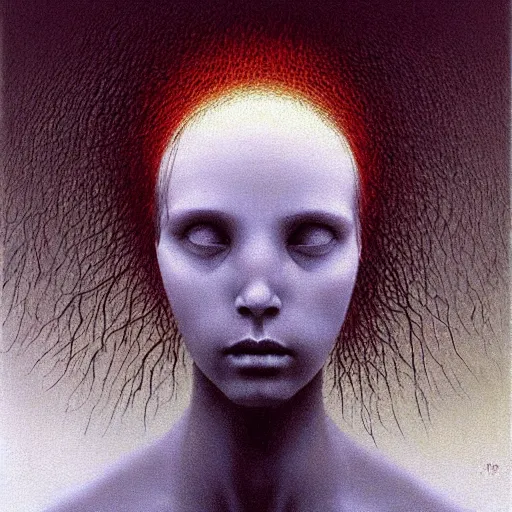 Prompt: young teen female with who has crow's head, painting by Beksinski