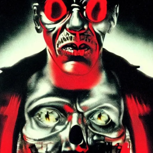 Image similar to danny trejo as the terminator, glowing red eyes