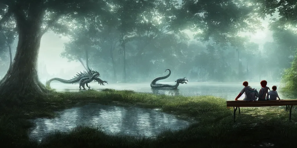 Image similar to a big silver dragon and a boy sitting next to lake in forest, many fireflys, at night, concept art, dof, cryengine, digital art, detailed background, makoto shinkai