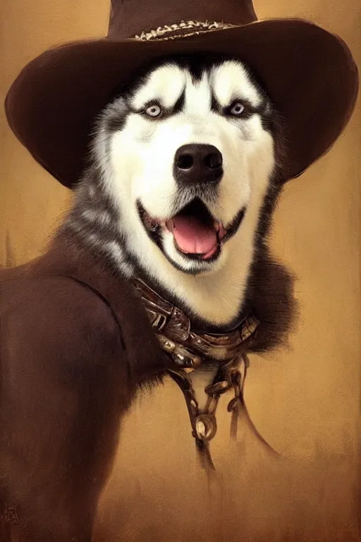 Prompt: a portrait painting of a husky in cowboy costume, wearing a cowboy hat, by rembrandt, [ western film ], trending on artstation