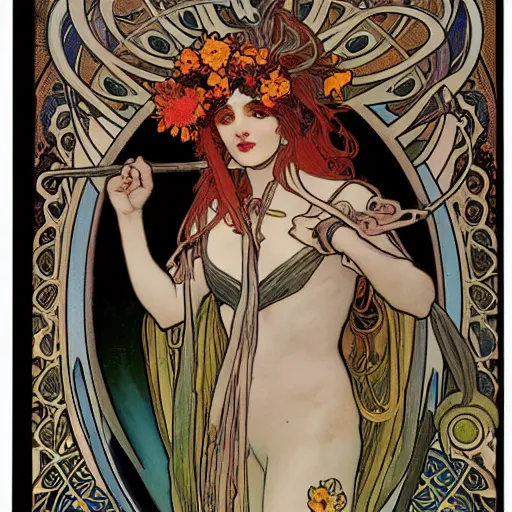 Image similar to persephone as goddess of death and flowers, evil, painted by alphonse mucha