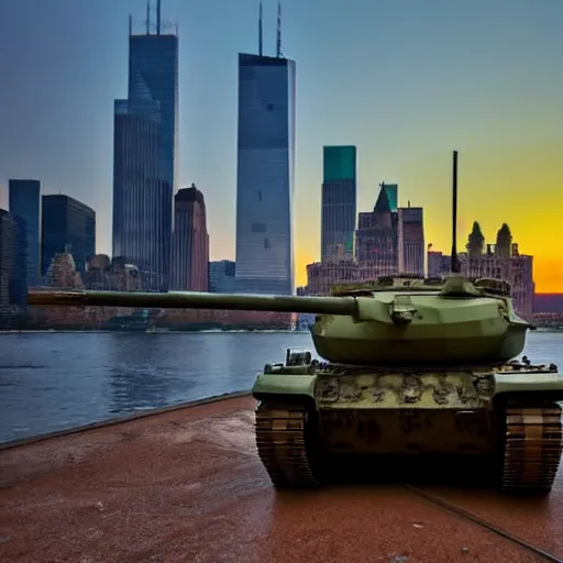 Prompt: low angle shot, tank in front of the new york skyline, reflections, award winning photograph, colorful sunset, desolate, atmospheric