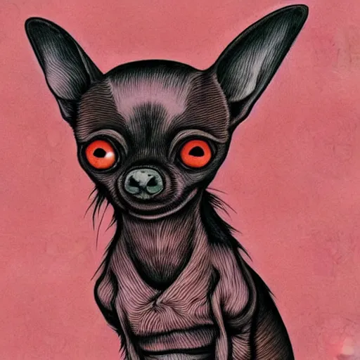 Image similar to a dark brown humanoid chihuahua, hyper detailed, in the style of junji ito and and junji ito and junji ito, selfie