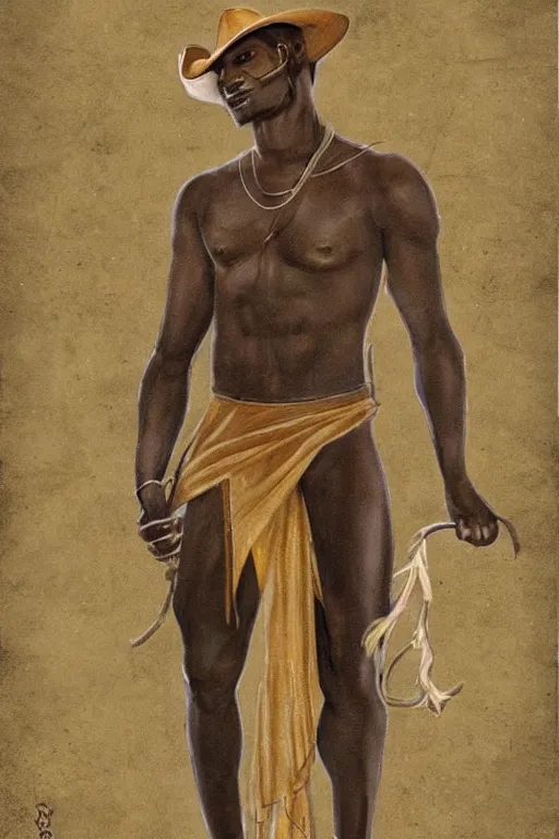 Prompt: a beautiful tarot card of a shirtless dark-skinned man in a cowboy hat and wool poncho, homoerotic, art deco, art nouveau, trending on artstation