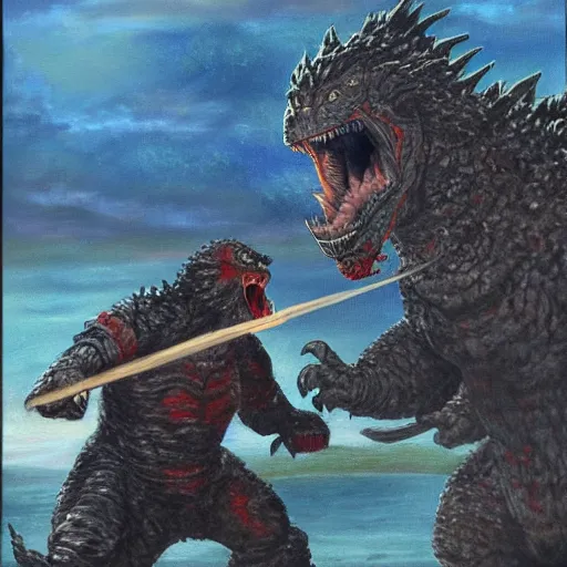 Image similar to Joe Biden fighting Godzilla in medieval times, oil painting, hd, detailed, artistic, President Joe Biden