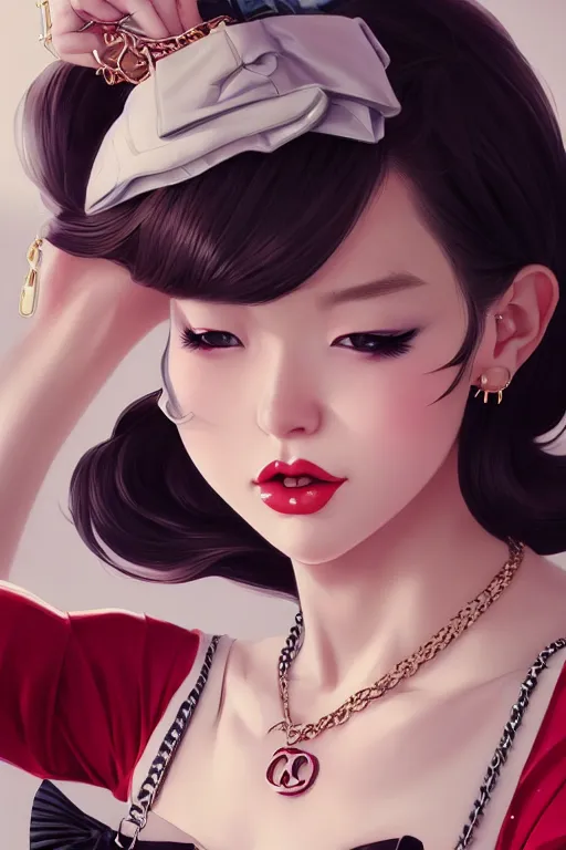 Image similar to a pin up and beautiful fashion dreamlke japan girl with lv jewelry, character art, art by artgerm and wlop and and ilya kuvshinov, hyperdetailed, 8 k realistic, symmetrical, frostbite 3 engine, cryengine, dof, trending on artstation, digital art, chanel, dior, fantasy background