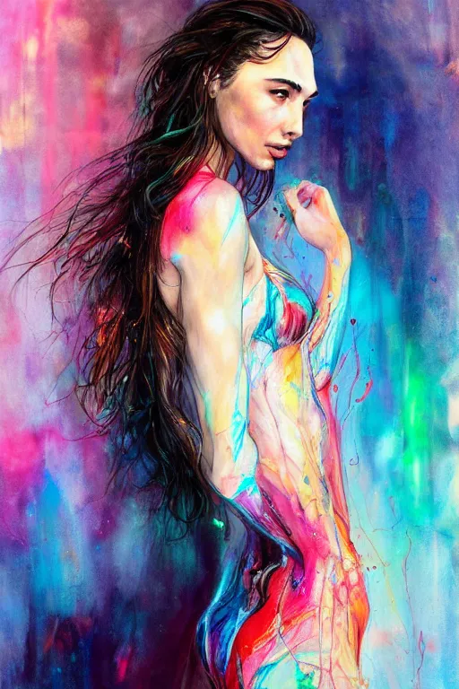 Image similar to gal gadot by agnes cecile enki bilal moebius, intricated details, 3 / 4 back view, full body portrait, extremely luminous bright design, pastel colours, drips, autumn lights