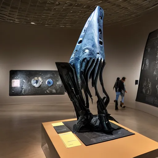 Prompt: a futuristic alien weapon displayed in a museum