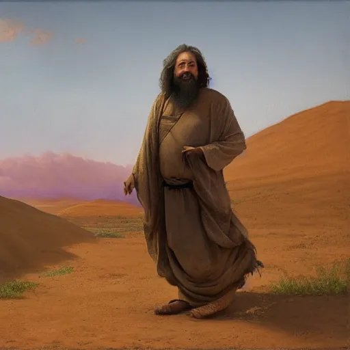 Image similar to Richard Stallman in the desert, in the style of Christ in the Wilderness by Ivan Kramskoi, painting, trending on arstation