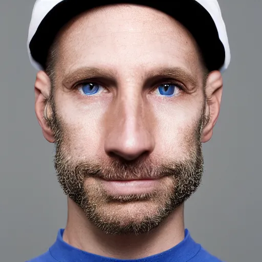 Image similar to color photograph of a 40 year old white Jewish Israeli skinny man with short, curly, blond hair and very small blue eyes, dressed in a white t shirt, gray shorts and a gray cabby cap, with a small mole to the right of his very thin lips, with a straight nose and blond stubble, with a round face, and an earring in the left ear.