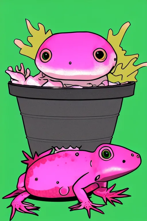 Prompt: pink axolotl in a bucket with a smaller lizard on its head, cartoon, cute, trending on artstation, digital art