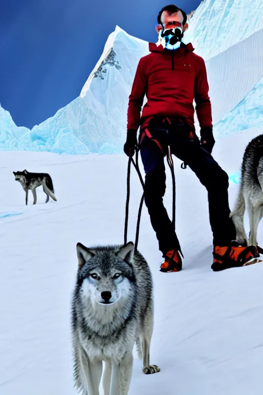 Prompt: vitalik buterin climbing everest with wolves