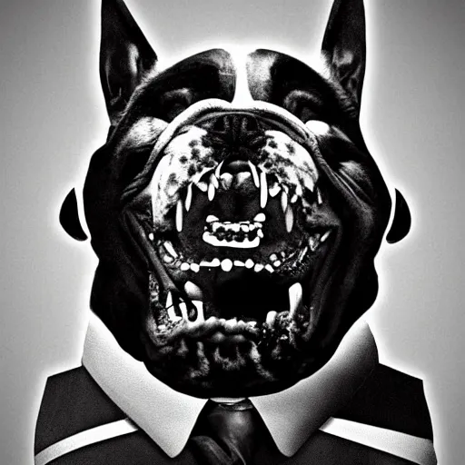 Image similar to a monster dog in a suit, nightmare, black and white