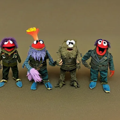 Prompt: Wonderful battle ready Muppets waiting for the war, 30mm photograph full body long shot