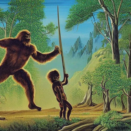 Image similar to sasquatch fighting with aboriginal tribe painting by john glover