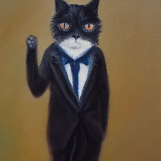Prompt: oil painting of a bipedal cat in suit,