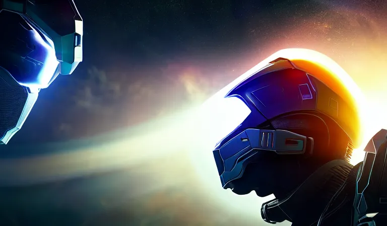 Image similar to cyberpunk halo helmet floating in space with reflections, epic, dramatic, photorealistic, award winning, 8k,