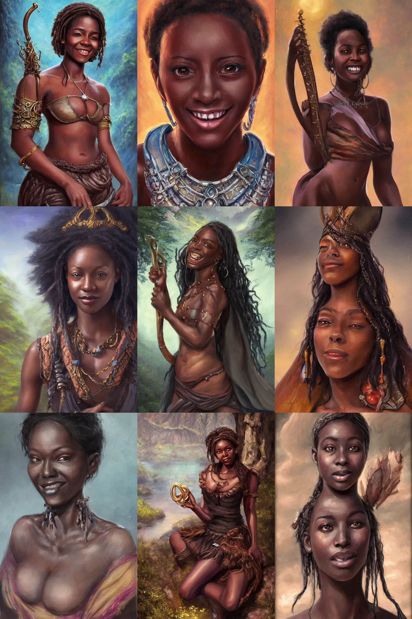 Image similar to a full body high detail fantasy portrait oil painting illustration of a single beautiful smiling bard dark skinned woman by justin sweet with face and body clearly visible, in a scenic background, pretty eyes, realistic proportions, d & d, rpg, forgotten realms, artstation trending, high quality, sombre mood, artstation trending, muted colours, entire person visible!