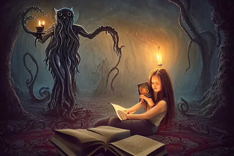 Image similar to romantic photo of bright girl, her cat and her book of necronomicon, symmetrical, cinematic, real dlsr photography, sharp focus, 4 k, ultra hd, sense of awe, sinister demonic atmosphere, dreadful, forbidden knowledge, old gods, cthulhu, yog - sothoth! yah, yah, yah! cultist journal cover