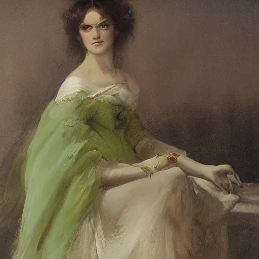 Prompt: a stunning Regency-era girl in a Pomona green dress by Sir Thomas Lawrence, wistful, moody