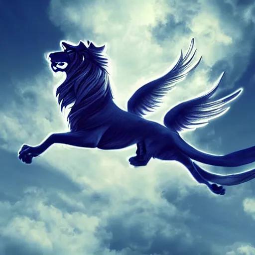 Prompt: a beautiful winged lion soaring through the sky, fantasy illustration