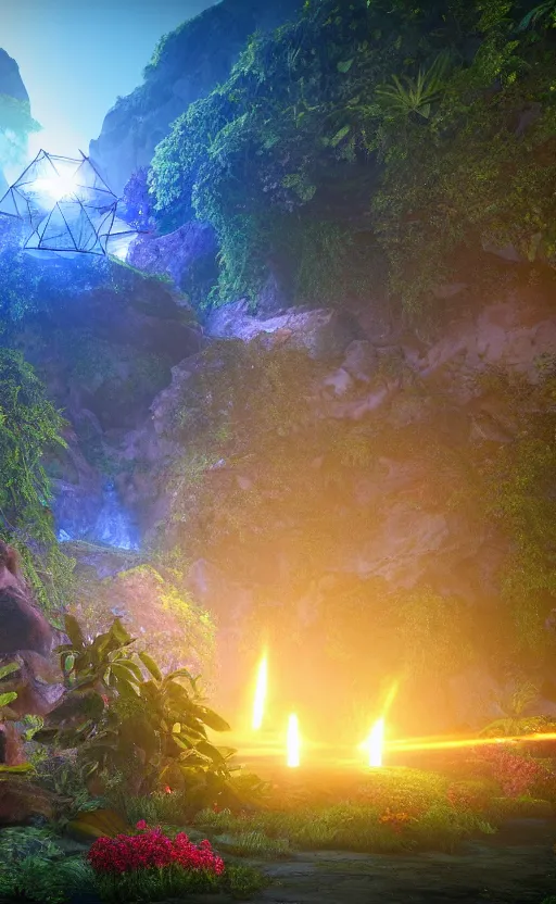 Image similar to a glowing blue crystal tetrahedron!!! in the middle of ancient ruins in a lush prehistoric jungle, inside a humongous cave, red and magenta flowers, sunset, godrays, orange and blue sky, haze, volumetric lighting, digital render, photorealistic, unreal engine 5, ultra detail, trending on artstation