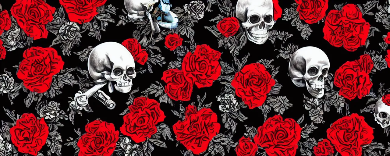 Prompt: a badass guns and roses digital art wallpaper on a black background, skull and crossbones pattern, tall-stemmed red roses, intricate illustration
