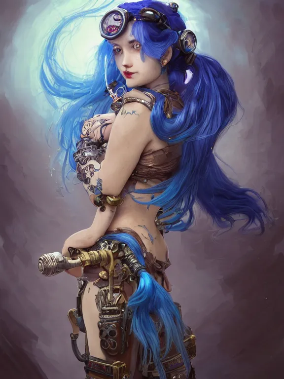 Image similar to a League of Legends FAN ART Portrait of crazy JINX , blue hair, long pigtail, steampunk,neuroticism,intricate, elegant, highly detailed, digital painting, concept art, smooth, sharp focus, illustration, by Laurie Greasley,Lawrence Alma-Tadema,Dan Mumford,artstation,deviantart,Unreal Engine,face enhance,8K,golden ratio,cinematic lighting