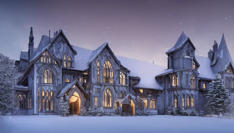 Prompt: wide angle of a Neo-Gothic manor built in the snow-caped mountains at sunset, volumetric light, hyperdetailed, artstation, cgsociety, 8k