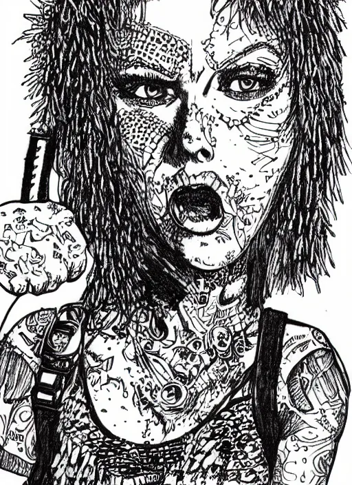 Prompt: Punk rock girl drawing by R. Crumb, pen and ink, hd, intricate