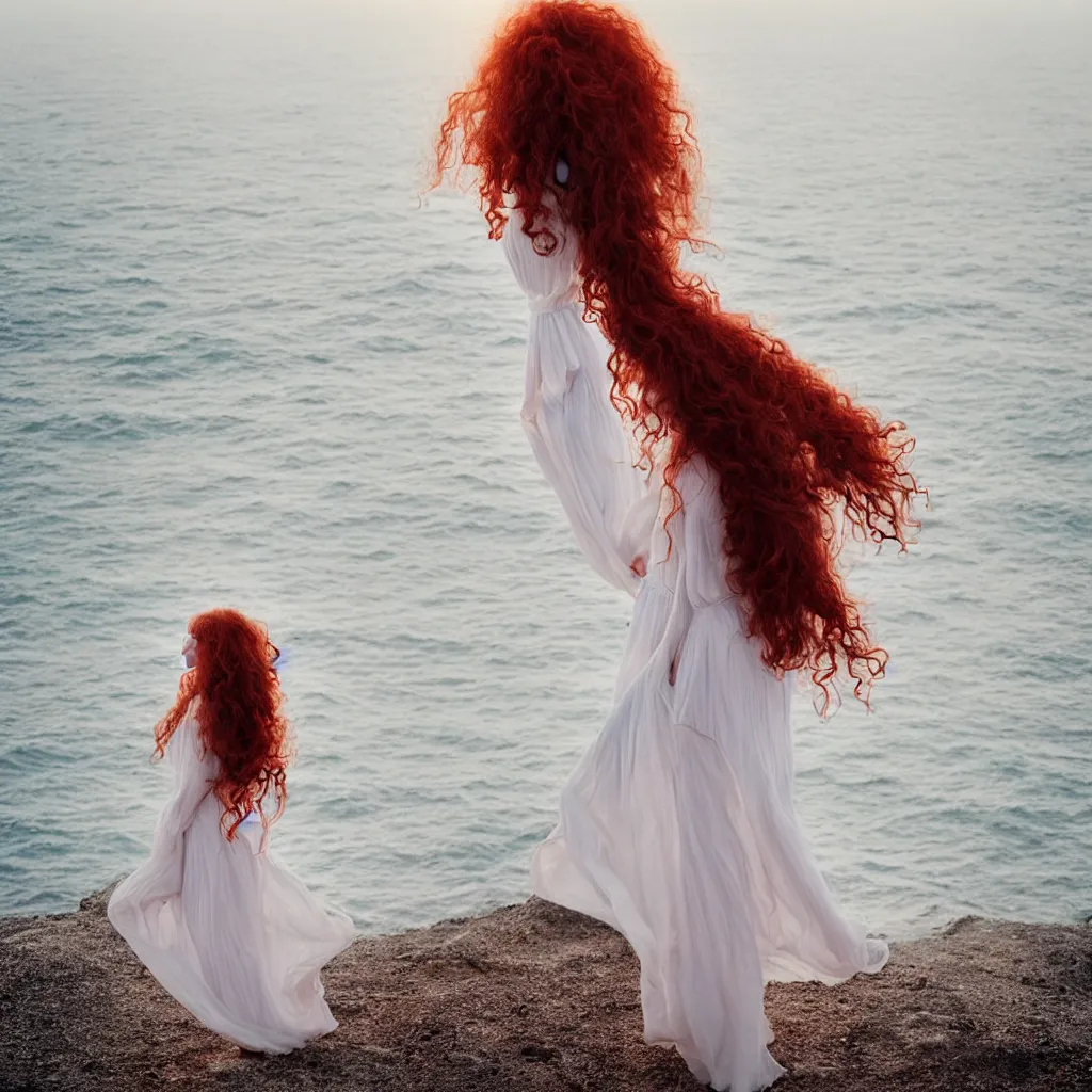 Prompt: a portrait photography of with red long curly hair and full body dress in white by Flora Borsi, stand up with the sea behind, soft sunset lighting, pastel colors scheme, fine art photography, dramatic backgroung, 50 mm sigma art