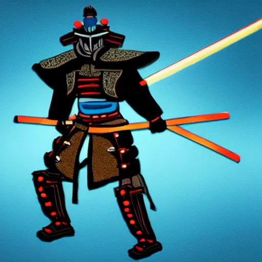 Image similar to a samurai with a black armour with glowing blue edges and a fire sword.