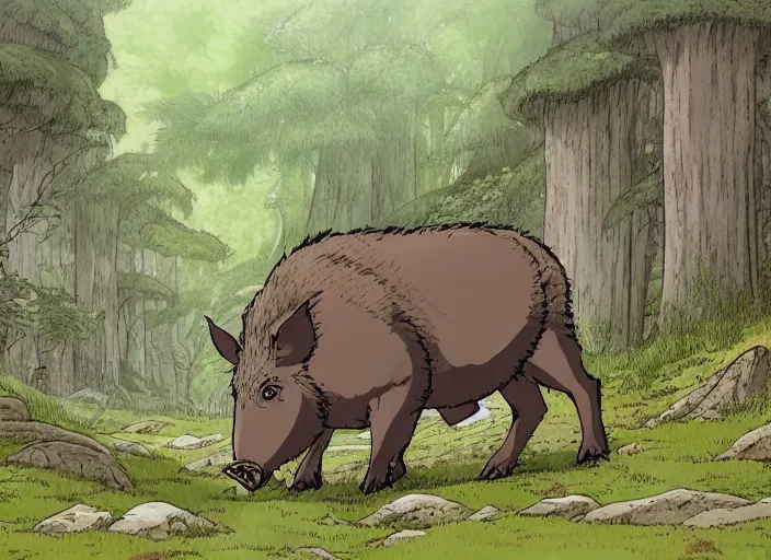 Prompt: a majestic brown and grey boar with tusks in a mythical forest next to a pathway, by ghibli studio and miyasaki, illustration, great composition