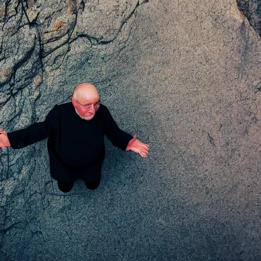 Prompt: An old and friendly looking catholic priest kneeled in prayer at the summit of a tall tower. The night sky is filled with a yellow shadow. 4K photograph, dramatic lighting