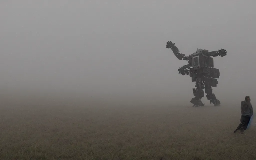 Prompt: giant robot centipede wandering across a foggy landscape