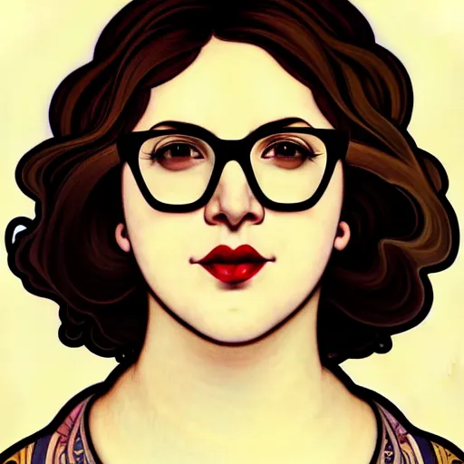 Prompt: portrait of a curvy stocky romanian woman, brown hair, messy bob, brown eyes, romanian, laugh lines, white glasses, glasses, white reading glasses, librarian, wide shot, digital art, alphonse mucha, loish, art nouveau, 8 k, trending on artstation