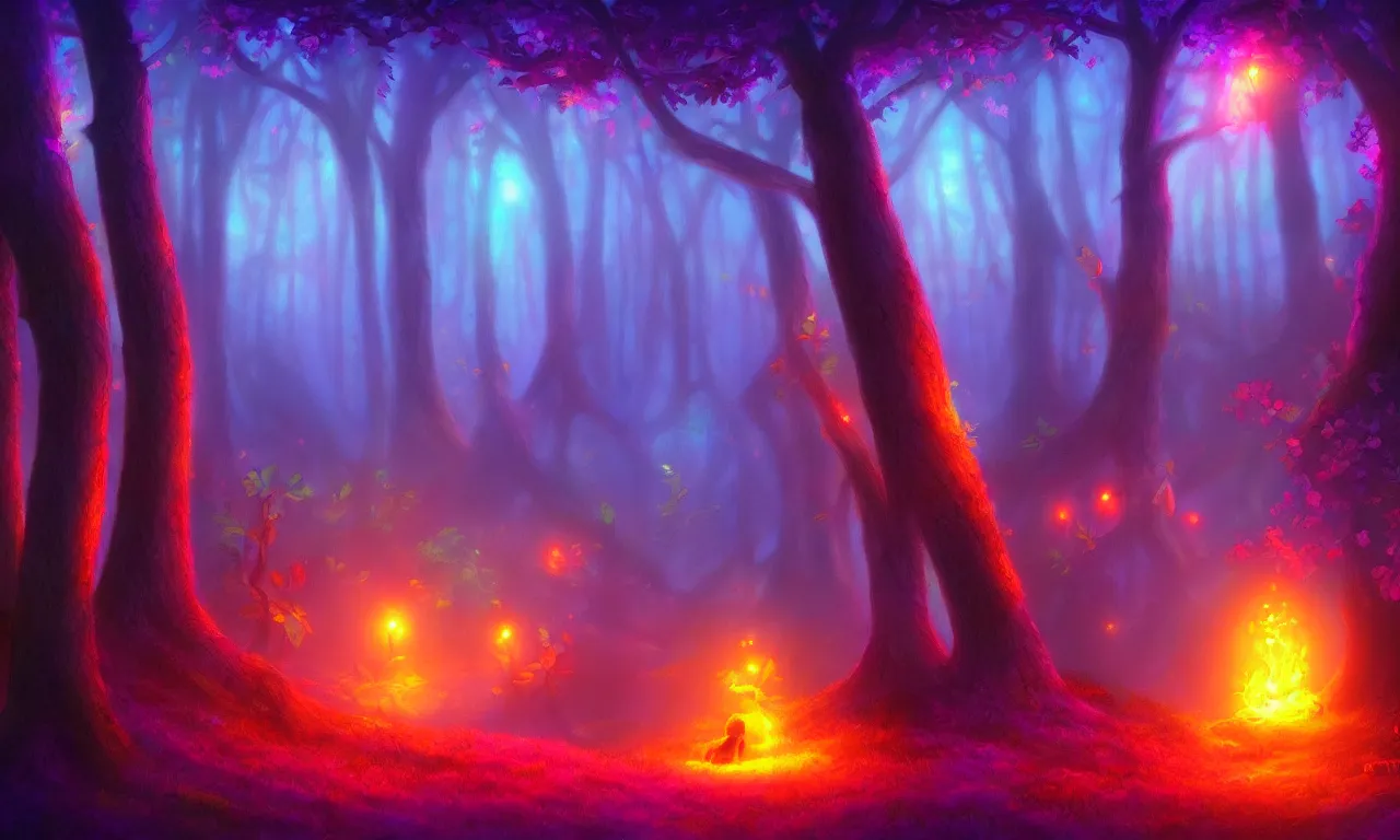 Image similar to enchanted magical forest on magical colorful fire , digital painting , digital art , artstation , devian art , 4k , HD