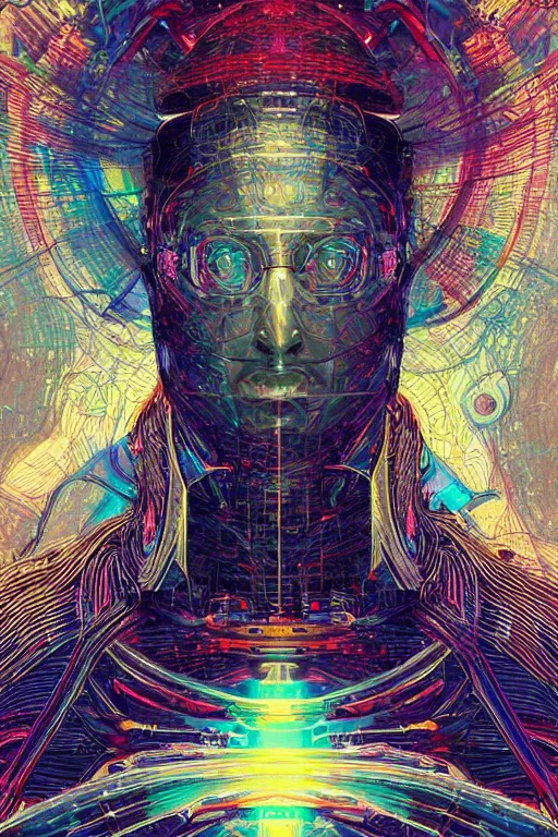 Prompt: A portrait of Thom Yorke as a cyberpunk android, iridescent highlights, surrounded by digital swirls, highly detailed, intricate, soft, sci-fi, sharp focus, subsurface scattering, art by Moebius, Greg Rutkowski, Alphonse Mucha