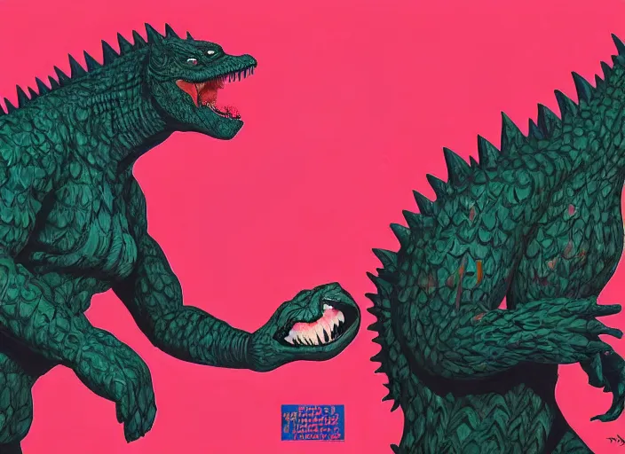 Image similar to godzilla vs. gumby painting, tristan eaton, victo ngai, artgerm, rhads, ross draws