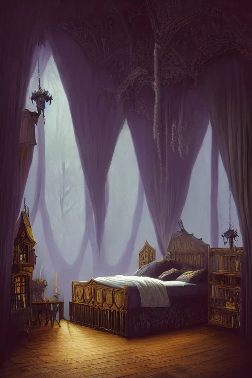 Image similar to a beautiful digital illustration painting of a detailed gothic fantasy bedroom, by benoit b. mandelbrot, steven belledin, martin johnson heade, lee madgwick, caspar david friedrich, and david rios ferreira. 8 k resolution trending on artstation concept art digital illustration