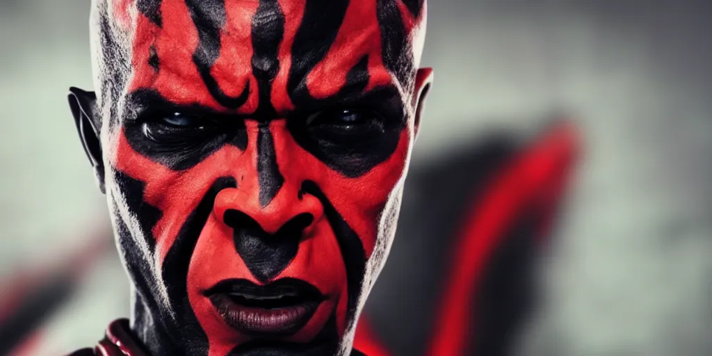 Image similar to a film still of a black man starring in a blockbuster film as darth maul from star wars, shallow depth of field, cinematic, award winning cgi, vfx, film still