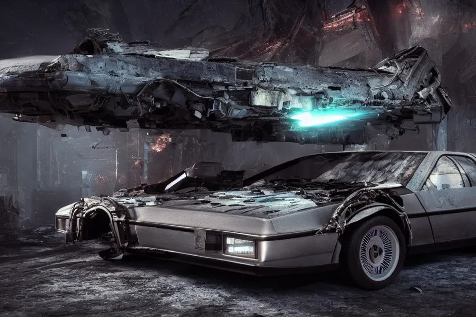 Prompt: delorean dmc 5 next to ancient space ship wreck horror, dark cinematic, volumetric, realistic, 3 d render, realistic render, cinematic lighting, volumetric lighting, atmospheric, cinematic, unreal engine, unreal engine render, octane render, hd, photorealism, hyper realistic, photo, 8 k