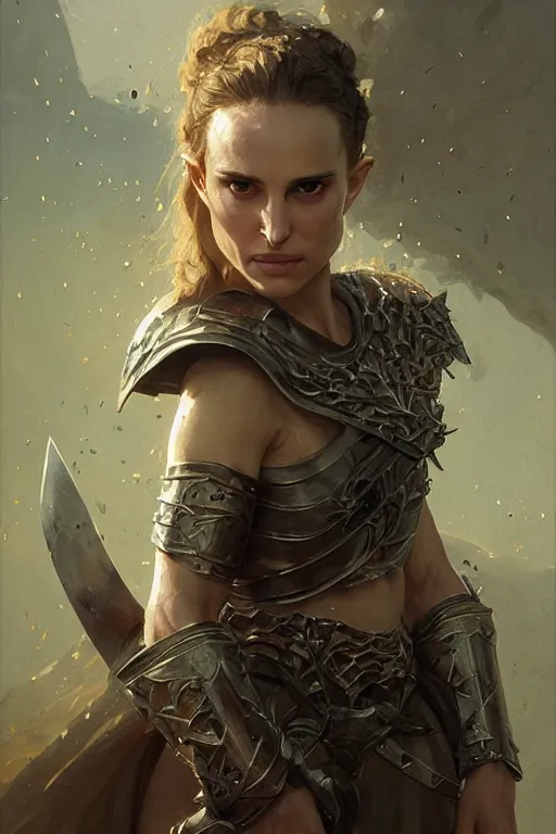 Image similar to natalie portman, legendary warrior, heroic, lord of the rings, tattoos, decorative ornaments, battle armor, by carl spitzweg, ismail inceoglu, vdragan bibin, hans thoma, greg rutkowski, alexandros pyromallis, perfect face, fine details, realistic shading photorealism