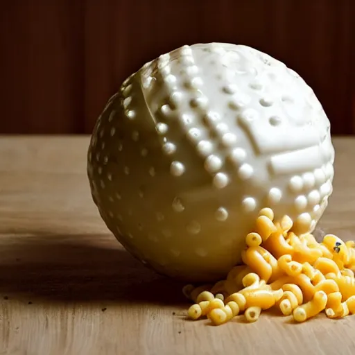 Prompt: Ball made of Macaroni, steamy, cheesy