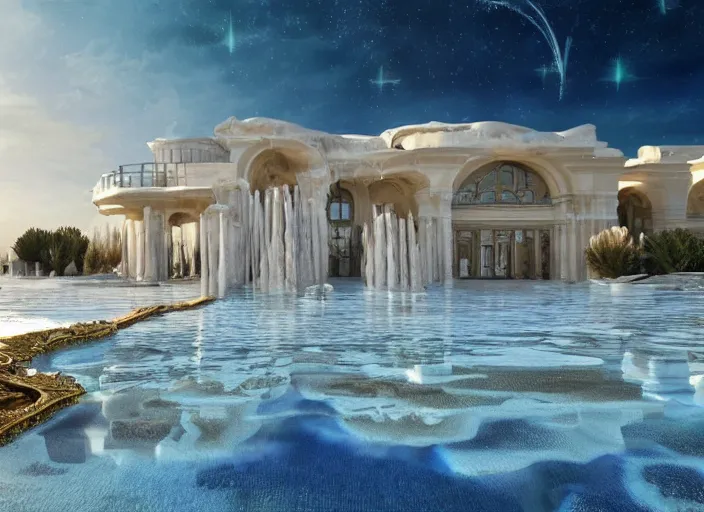 Prompt: modern chic futuristic royal house with gold intricate details at Pamukkale, thermal waters flowing down white travertine terraces, ethereal and dreamy heavenly clouds, golden hour, royal blue specks of emotions, holy, divine, heavenly kingdom, intricate, elegant, luxurious, digital painting, concept art, smooth, sharp focus, from Star Trek 2021, illustration, by WLOP and Ruan Jia and Mandy Jurgens and William-Adolphe Bouguereau, Artgerm