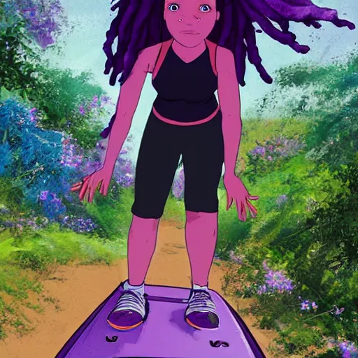 Prompt: black woman with purple dreads longboarding in space in the style of ghibli