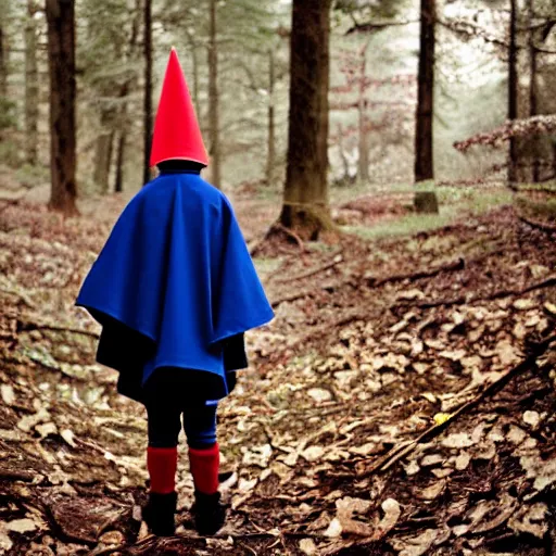 Image similar to portrait of wirt from over the garden wall. a 1 6 years old gloomy awkward boy with big brown eyes and shaggy brown hair wearing a red dunce hat and a blue navy cape, standing in the forest, kodachrome photograph, 1 9 9 5