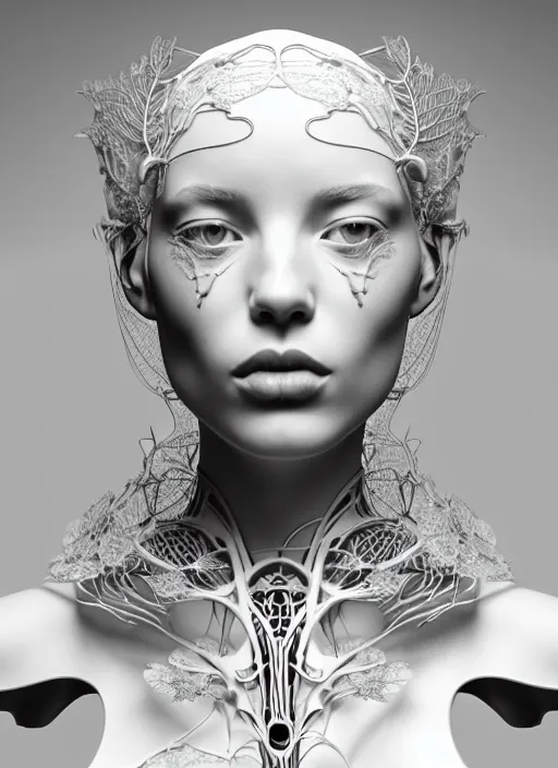 Image similar to complex 3d render ultra detailed of a beautiful porcelain profile young woman face, biomechanical cyborg, 200 mm lens, beautiful studio soft light, rim light, silver white gold red details, magnolia big leaves monochromatic and stems, roots, fine foliage lace, mesh wire, Alexander Mcqueen high fashion haute couture, art nouveau fashion embroidered, intricate details, hyper realistic, ultra detailed, mandelbrot fractal, anatomical, facial muscles, cable wires, microchip, elegant, octane render, H.R. Giger style, black eyes, plump lips, volumetric lighting, 8k post-production, trending on Artstation