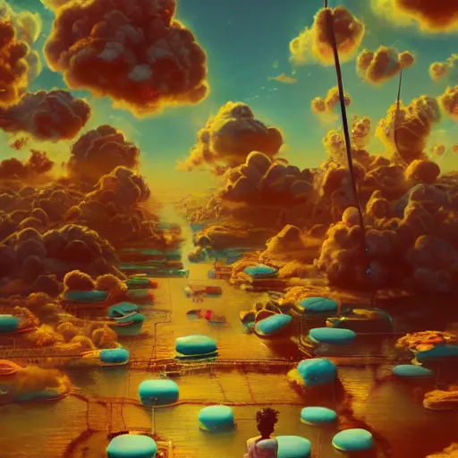 Image similar to ajegunle, puffy clouds, james jean style, vfx art, unreal engine render, claymation style, colourful, volumetric light, digital painting, digital illustration, dramatic light,