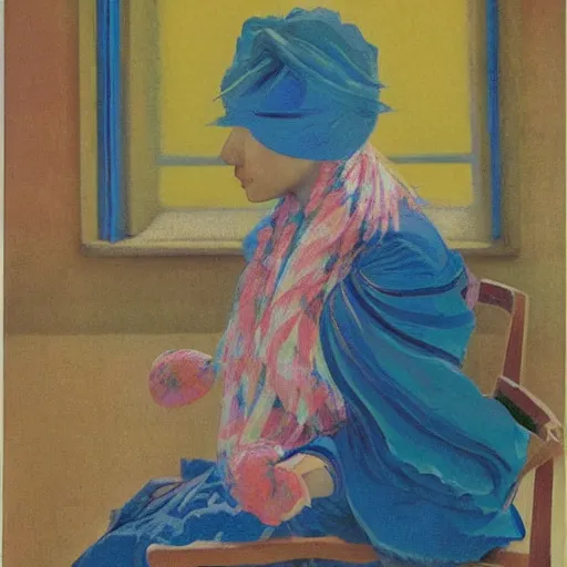 Image similar to A beautiful computer art of a lady with a blue scarf on her head, sitting in a chair with her eyes closed. by Giacomo Balla, by Hans Thoma